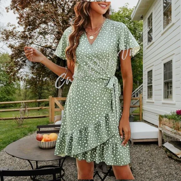 Ready for Spring Light Airy V Neck Wrap Midi Patterned Sage Ruffle Drop Dress - Picture 2 of 13